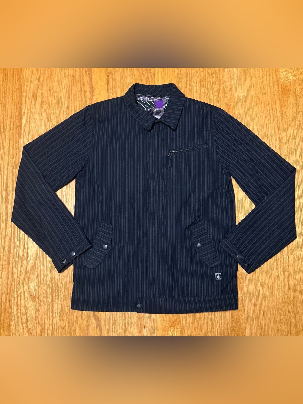 Vintage Volcom Men's Navy Pinstripe Bomber Jacket